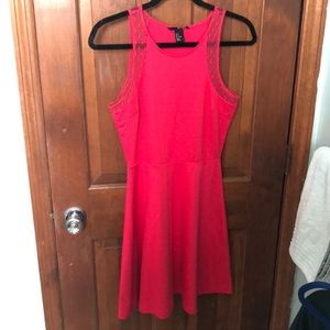 Red A-line dress with lace sleeve insert
